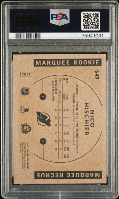 Graded 2017 UD O-Pee-Chee Nico Hischier #649 Update-Retro Rookie RC Hockey Card PSA 10 Gem Mint