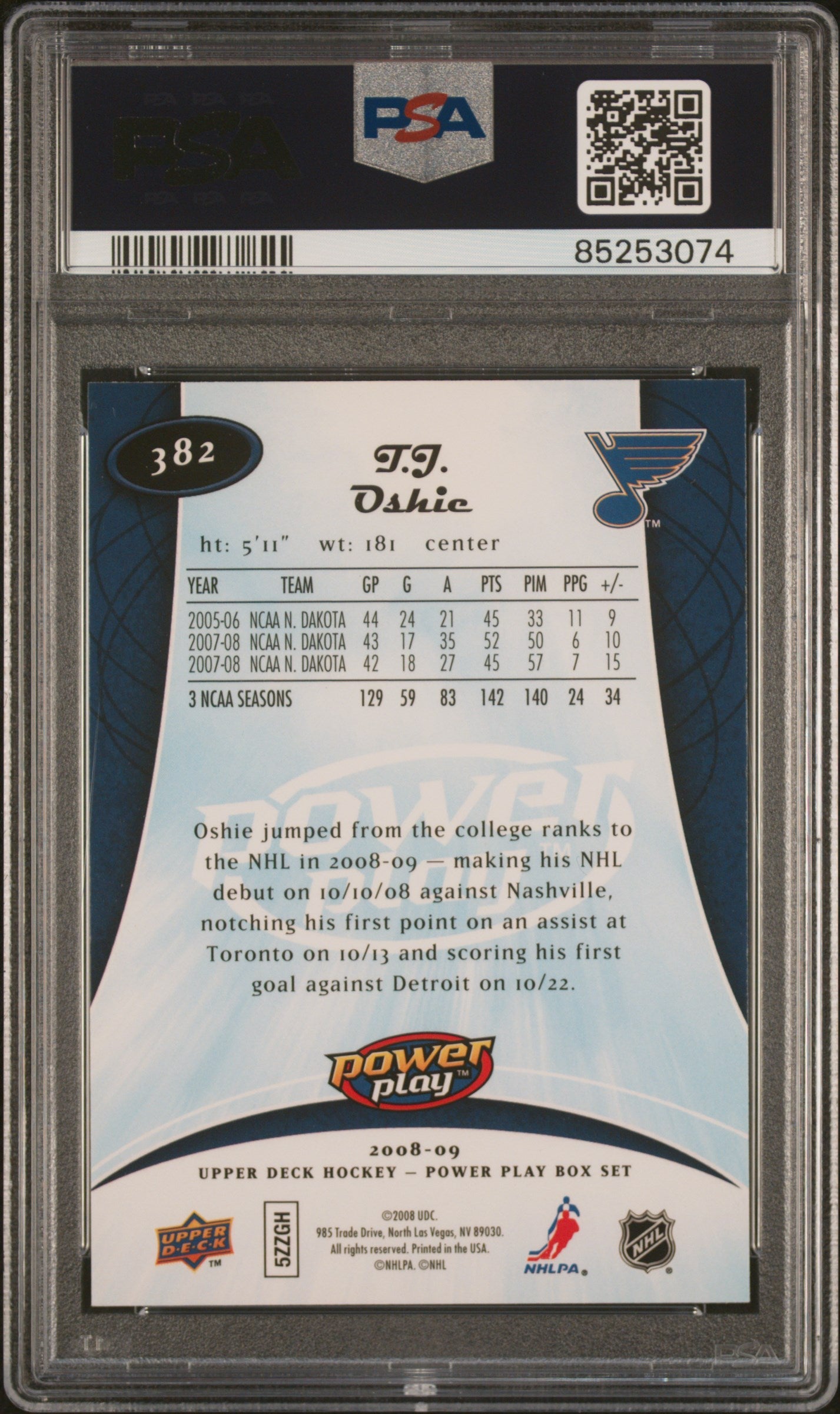 Graded 2008 Upper Deck TJ Oshie #382 Power Play Box Set Rookie RC Hockey Card PSA 10 Gem Mint