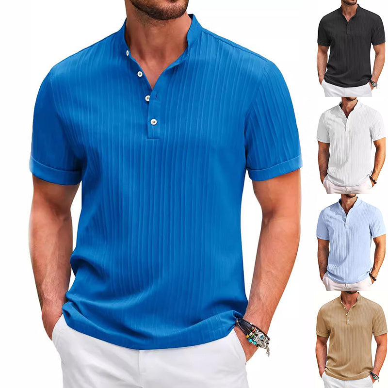 Lightweight Stripe Stand Collar Polo Shirt - Acetate Polyester