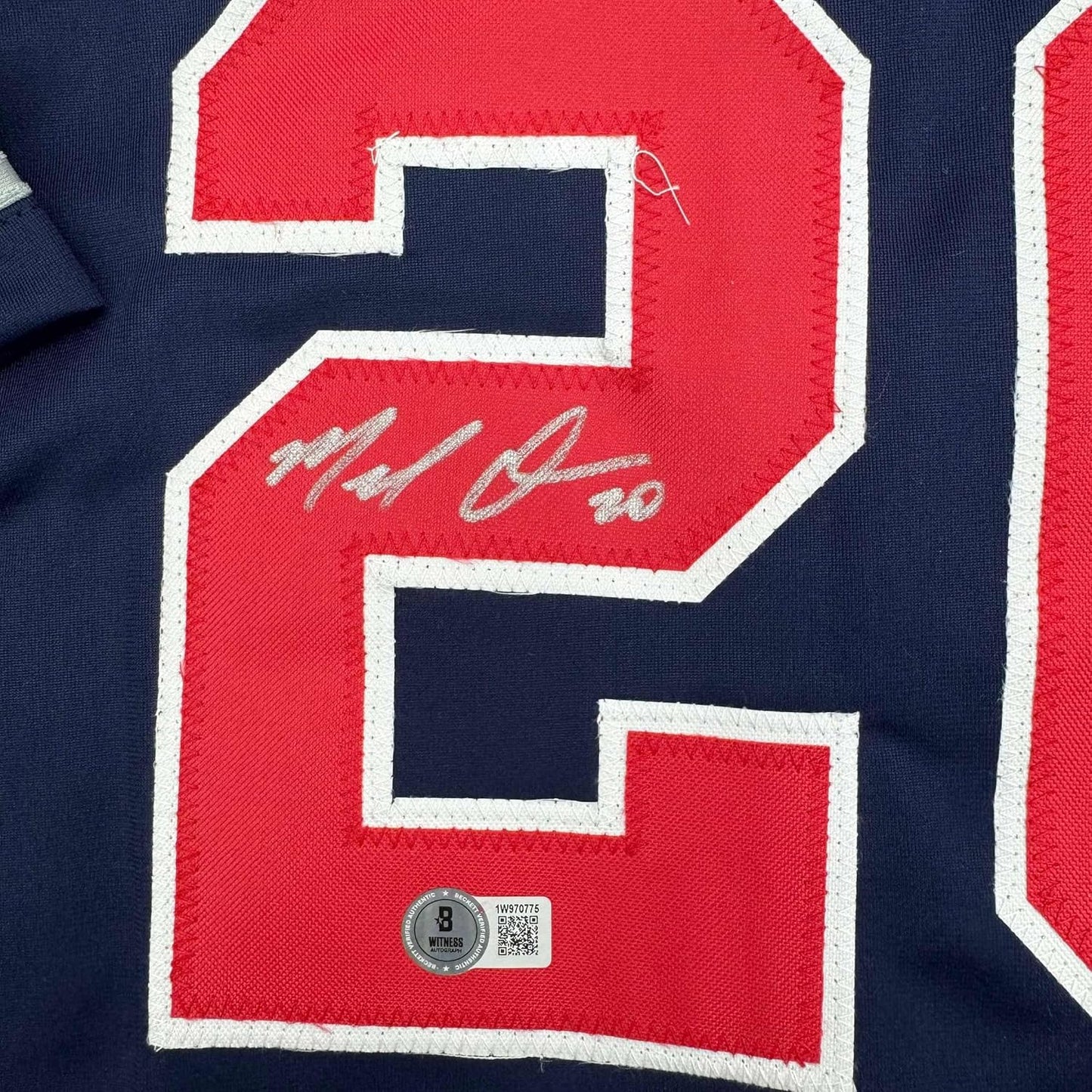 Framed Autographed/Signed Marcell Ozuna 35x39 Atlanta Blue Baseball Jersey Beckett BAS COA