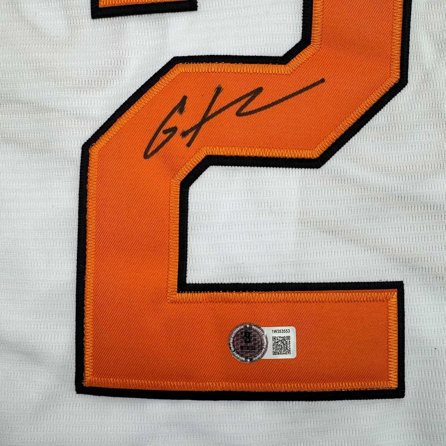 Framed Autographed/Signed Gunnar Henderson 35x39 Baltimore White Baseball Jersey Beckett BAS COA