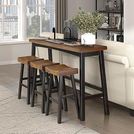 Lexicon Bar Table Set for 3, Small Kitchen Table Set Kitchen Island Table with 3 Saddle Bar Stools, 4 Piece Dining Table Set for Breakfast Nook, Living Room, Apartment, Pub Height, Black/Brown