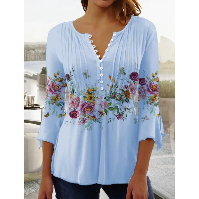 Floral V-Neck Pleated Top - 3/4 Sleeve Button Front Blouse