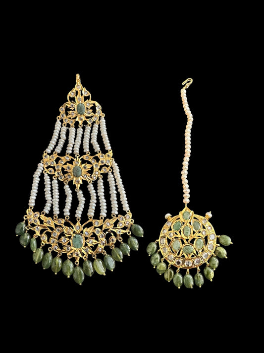 JTK11 Insha hyderabadi jhoomar tika in emeralds and fresh water pearls ( READY TO SHIP )
