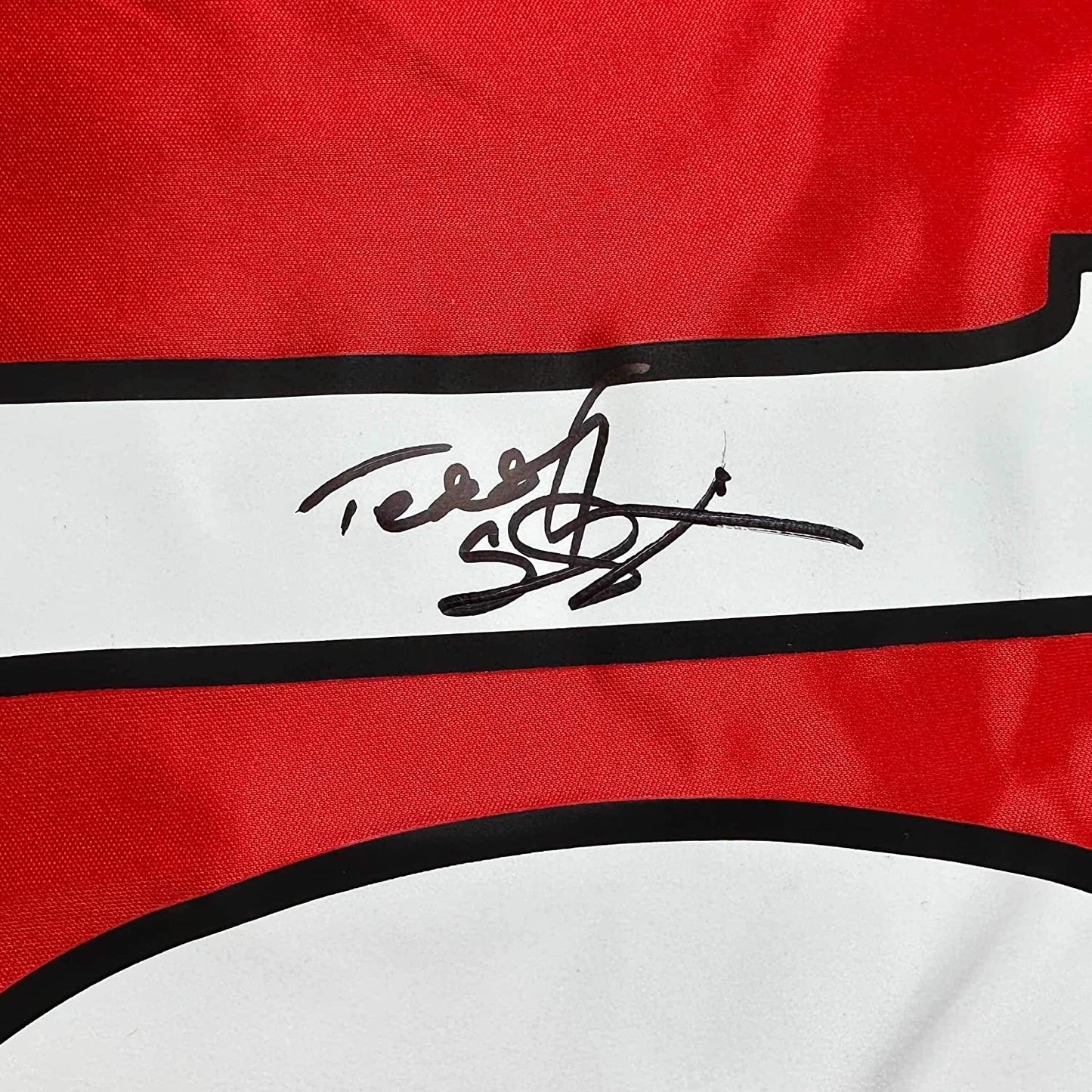 Framed Autographed/Signed Teddy Sheringham 35x39 Manchester United Red Soccer Jersey Beckett BAS COA