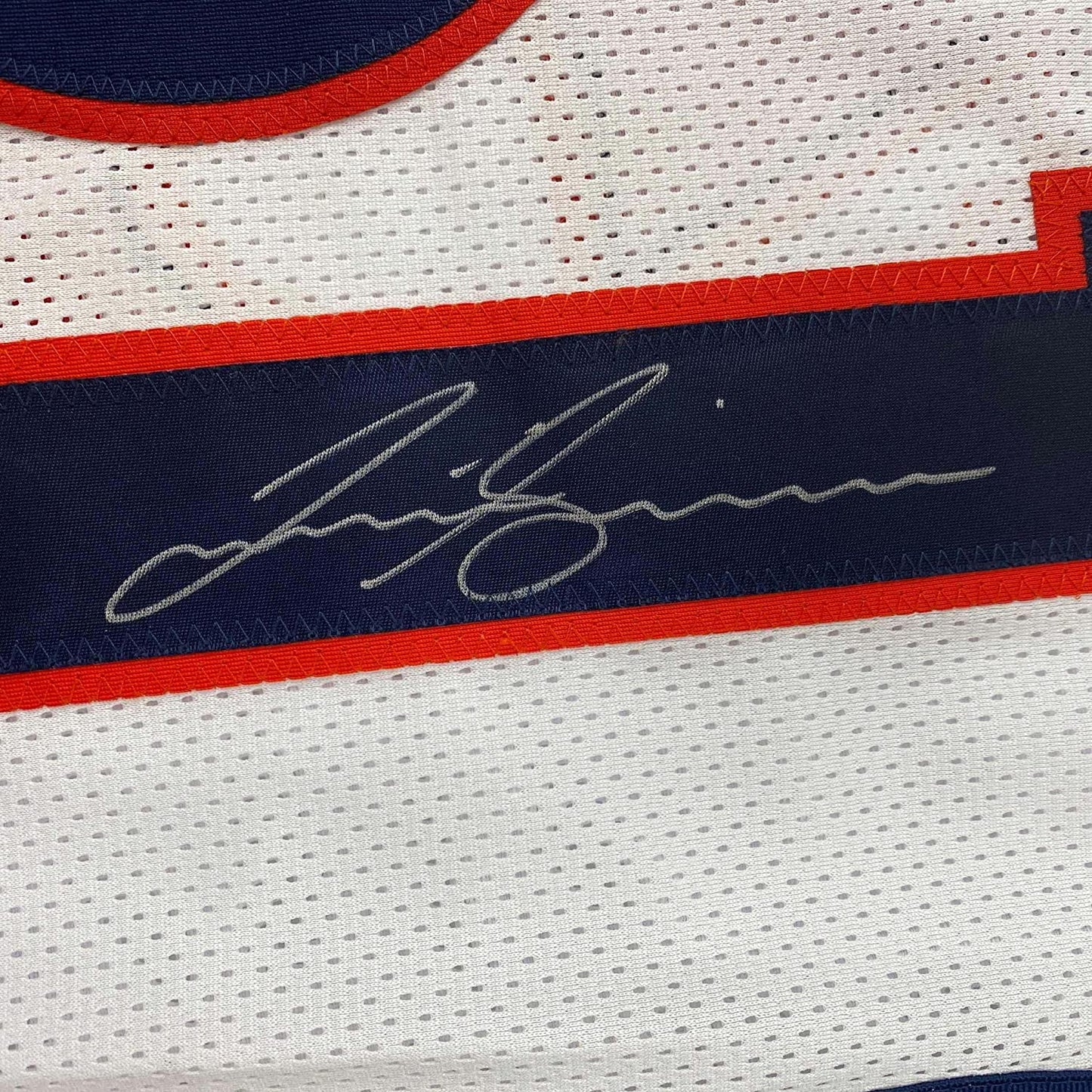 Framed Autographed/Signed Justin Simmons 35x39 Denver White Football Jersey JSA COA