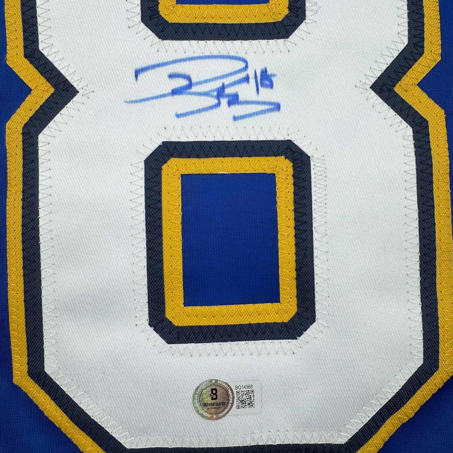 Framed Autographed/Signed Robert Thomas 35x39 St. Louis Blue Hockey Jersey Beckett BAS COA
