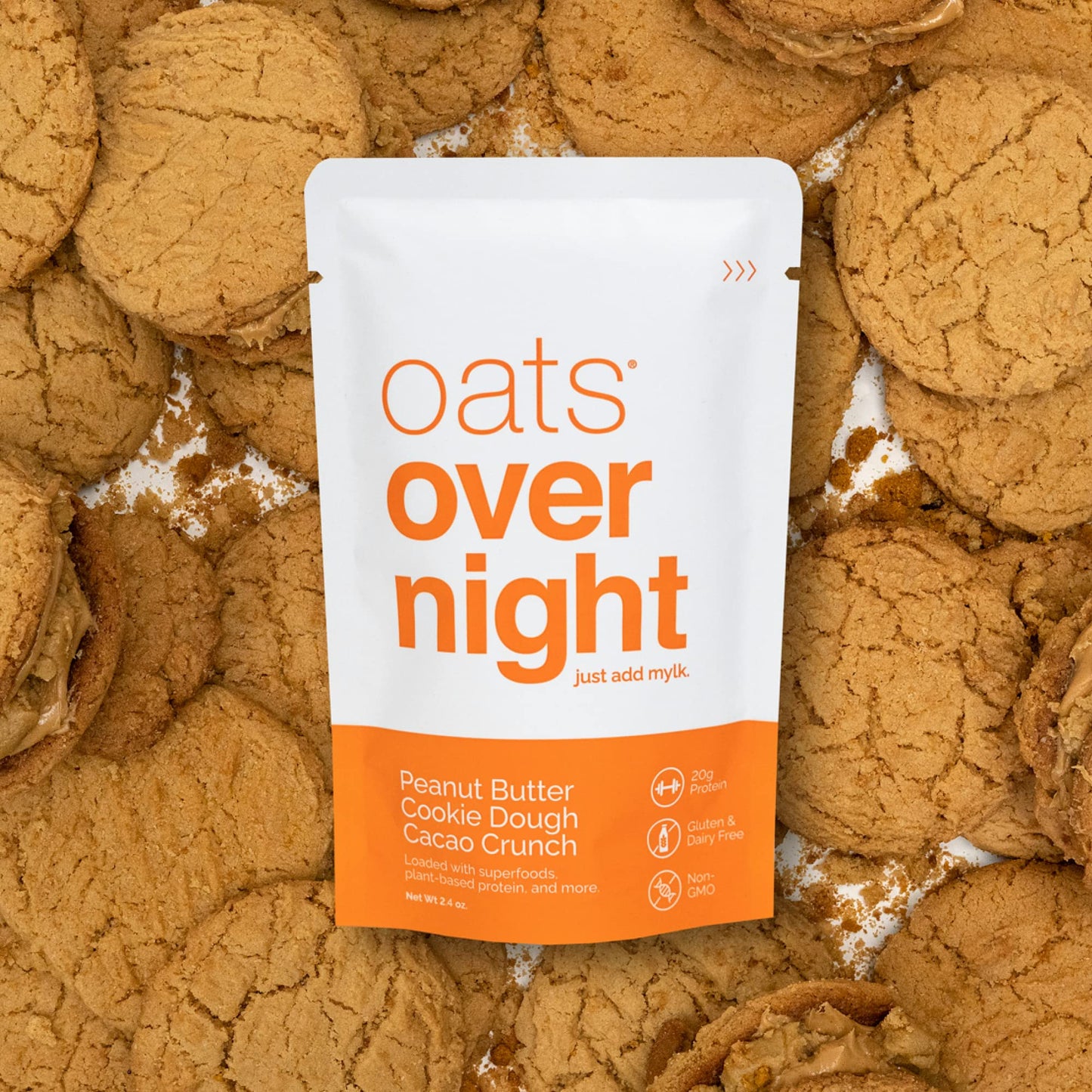 EXP 3/2025 Oats Overnight Peanut Butter Cookie Dough Cacao Crunch Vegan 20g Protein, 8-Pack