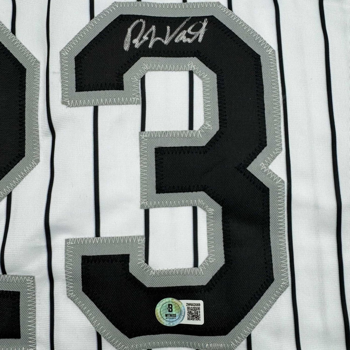 Framed Autographed/Signed Robin Ventura 35x39 Chicago Pinstripe Baseball Jersey Beckett BAS COA