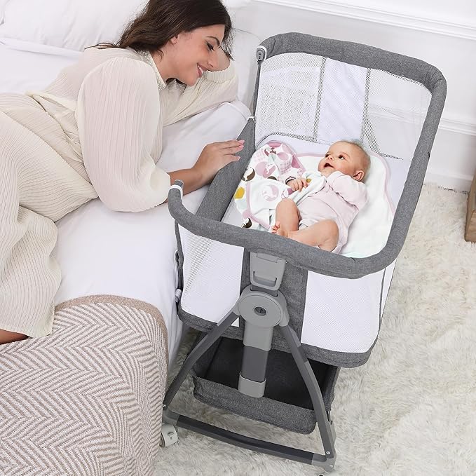 Baby Bassinet Bedside Sleeper, 3 in 1 Baby Bassinet Bedside, Arms Reach Co Sleeper Bassinet with Wheels, Adjustable Height, Storage, Mattress & Canopy, Bed Side Bassinet for Newborn