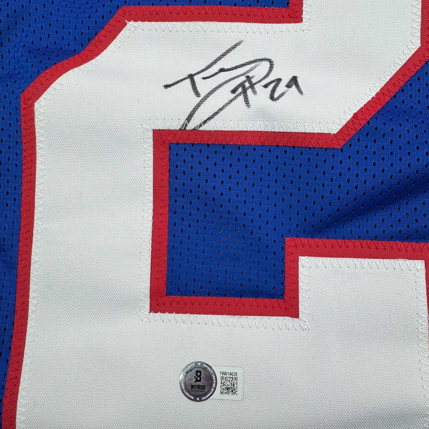Framed Autographed/Signed Tyrone Tracy Jr. 35x39 New York Blue Football Jersey Beckett BAS COA #2