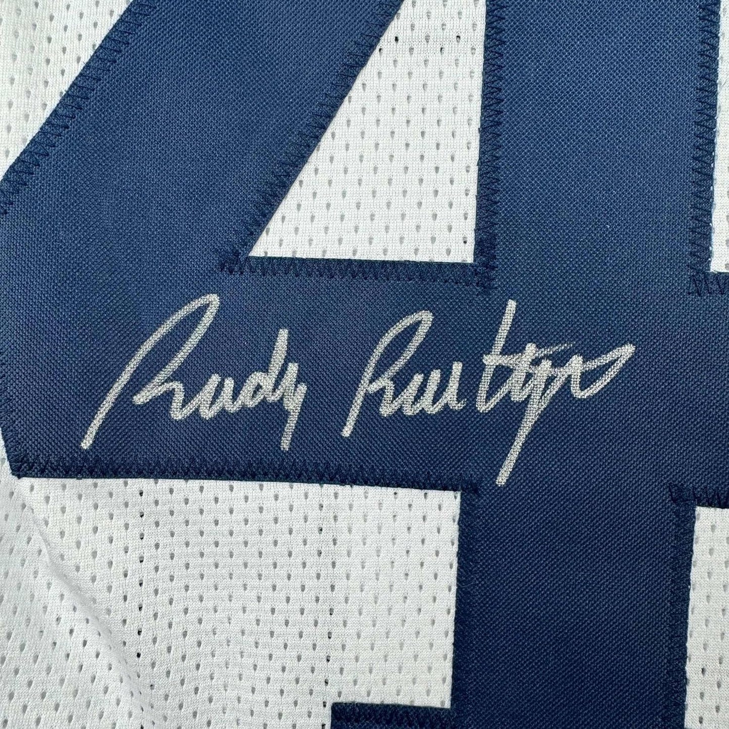 Framed Autographed/Signed Rudy Ruettiger 35x39 Notre Dame White College Football Jersey JSA COA