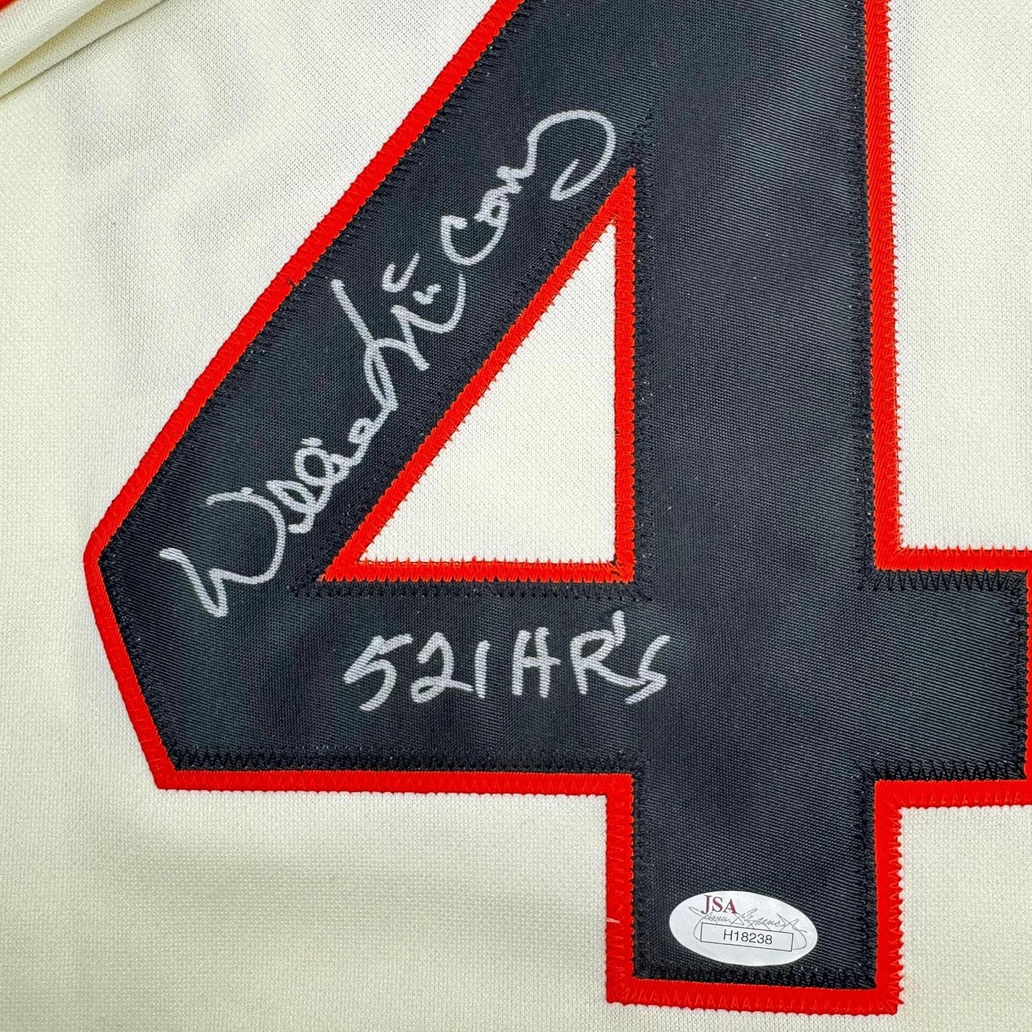 Framed Autographed/Signed Willie McCovey 35x39 "521 HR's" San Francisco Cream Baseball Jersey JSA COA