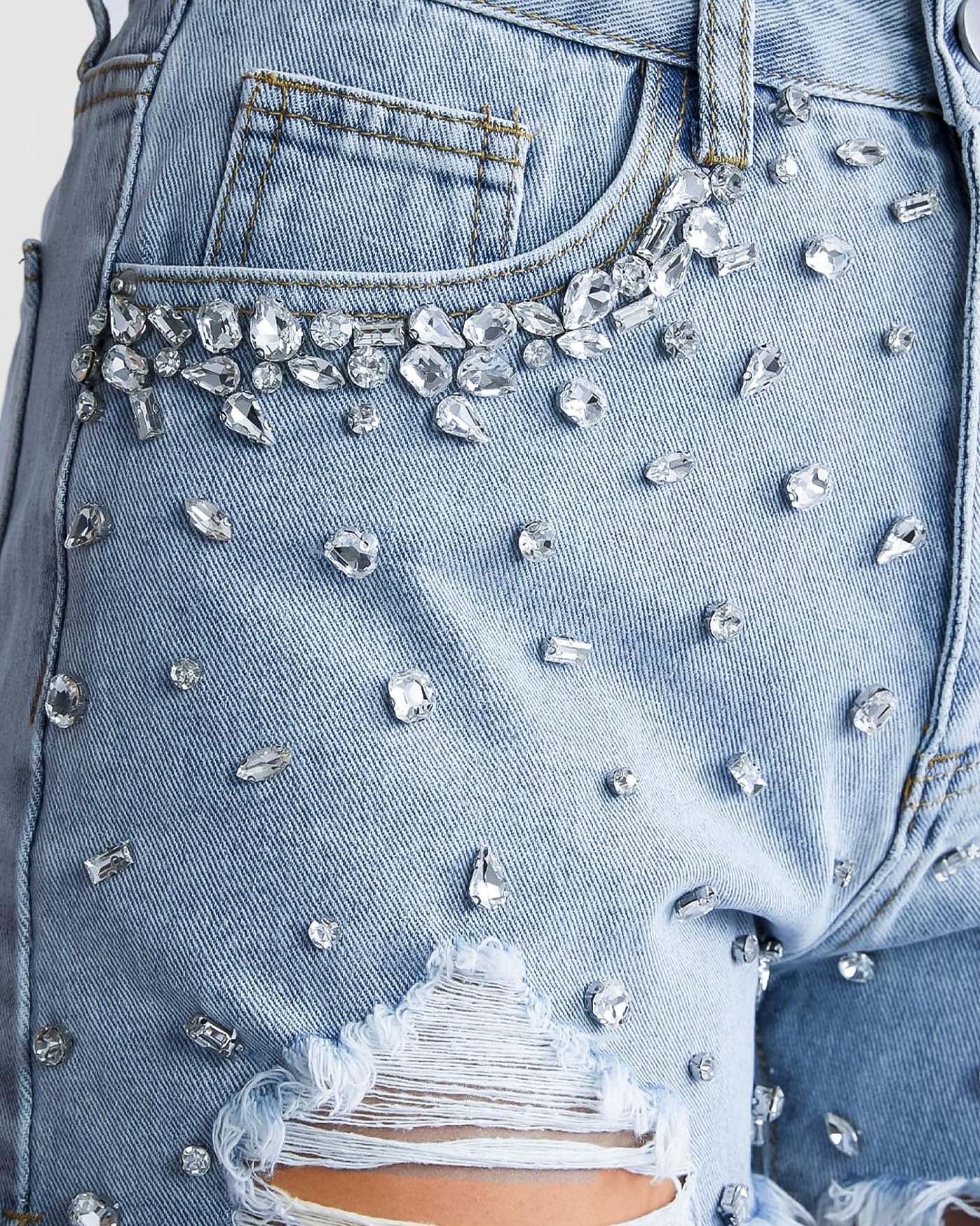 EZAPINE Women's High Waisted Denim Shorts Ripped Hem Frayed Distressed Rhinestone Short Jeans