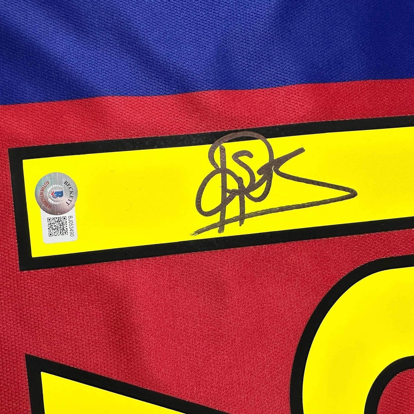 Framed Autographed/Signed Patrick Kluivert 35x39 FC Barcelona Blue Soccer Jersey Beckett BAS COA