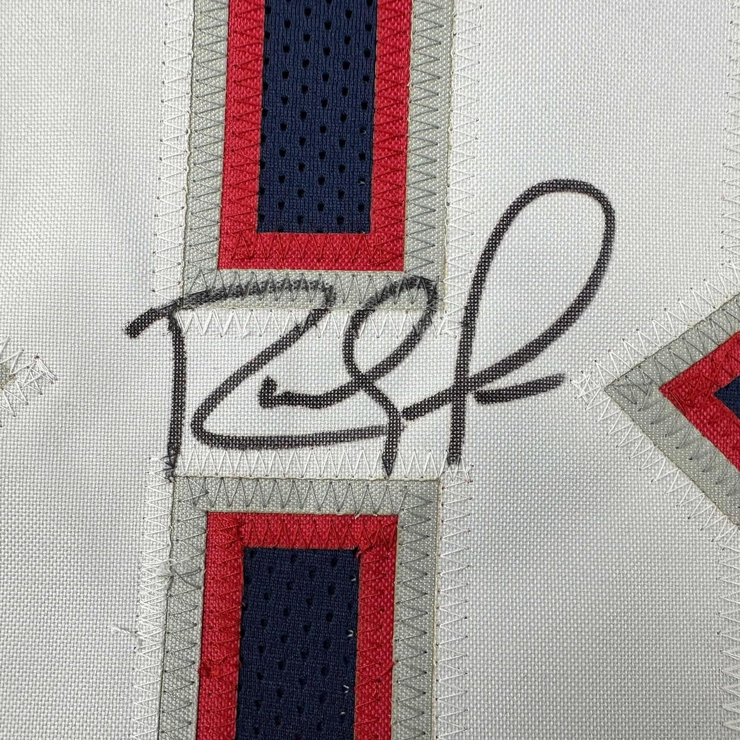 Framed Autographed/Signed Randy Moss 35x39 New England Blue Football Jersey Beckett BAS COA