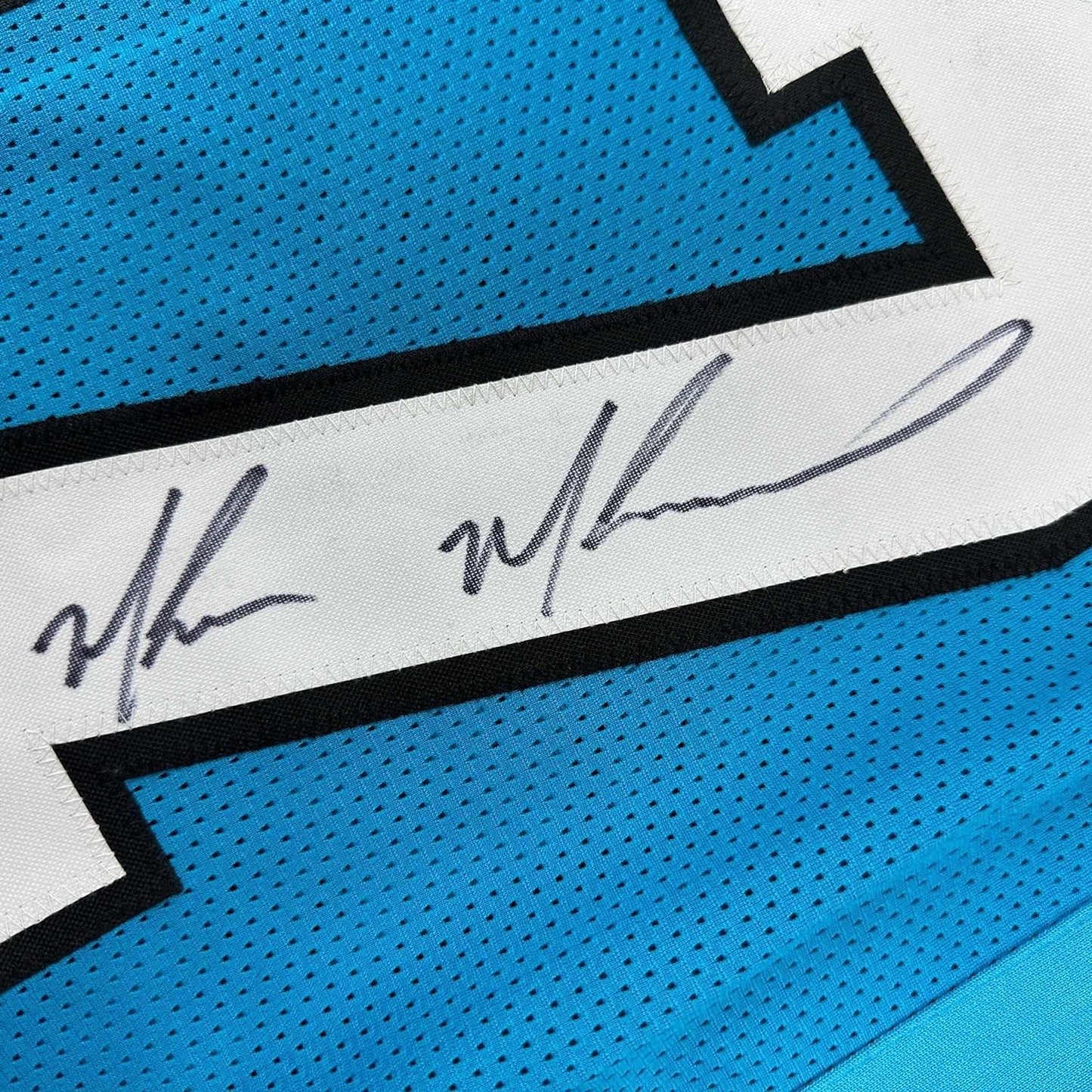 Framed Autographed/Signed Muhsin Muhammad 35x39 Carolina Blue Football Jersey Beckett BAS COA