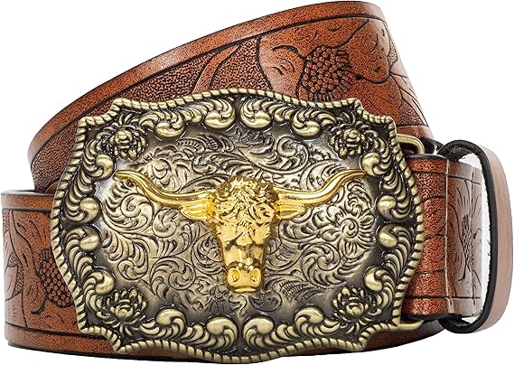 Mens-Western-Cowboy-Belt - Longhorn-Bull-Pattern-Buckle-Belt Floral-Engraved-Buckle-Belt Fit 25" to 38" Waist