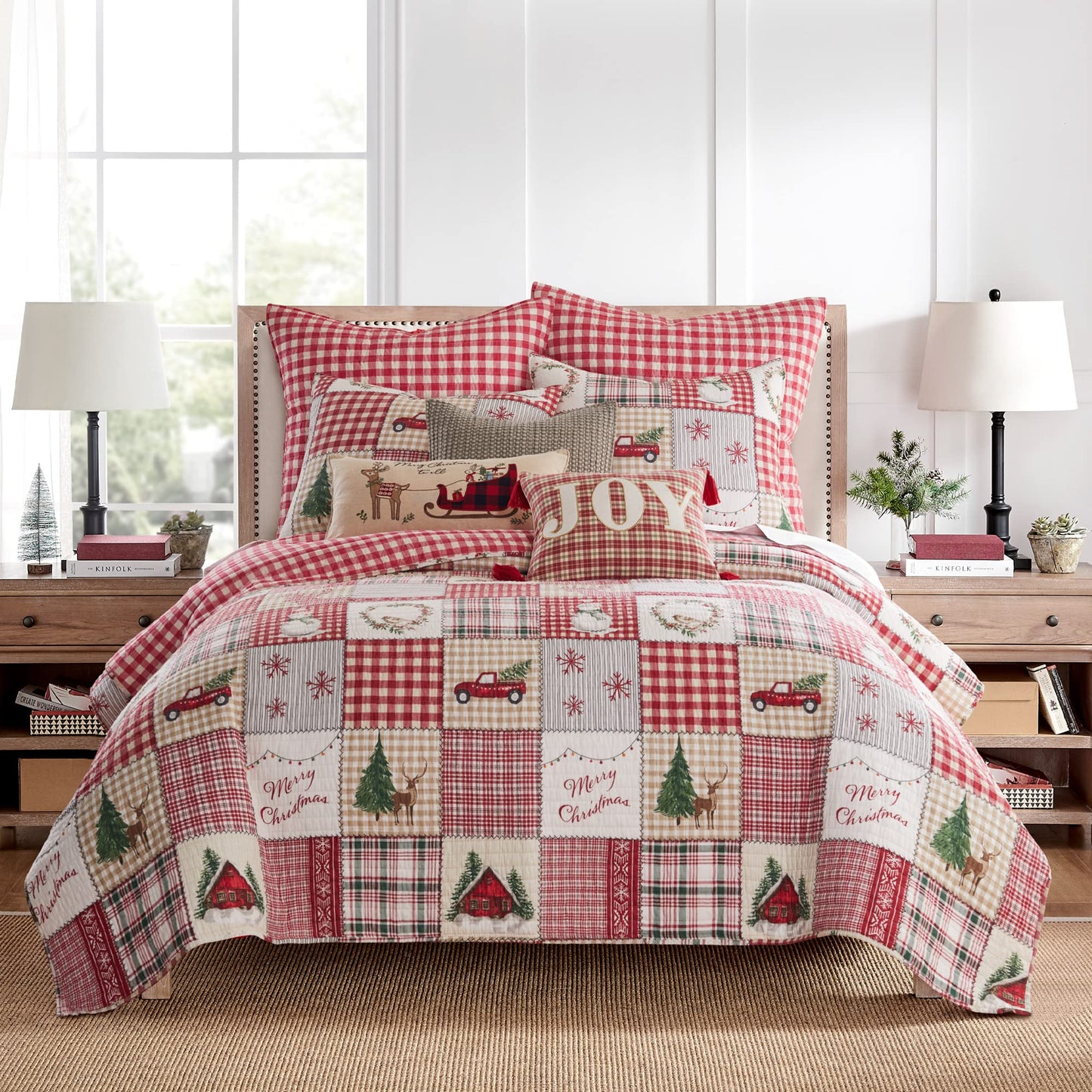 Set of 2 Pillow Shams - Red and Cream - 26"x26", No Insert Cotton/Polyester