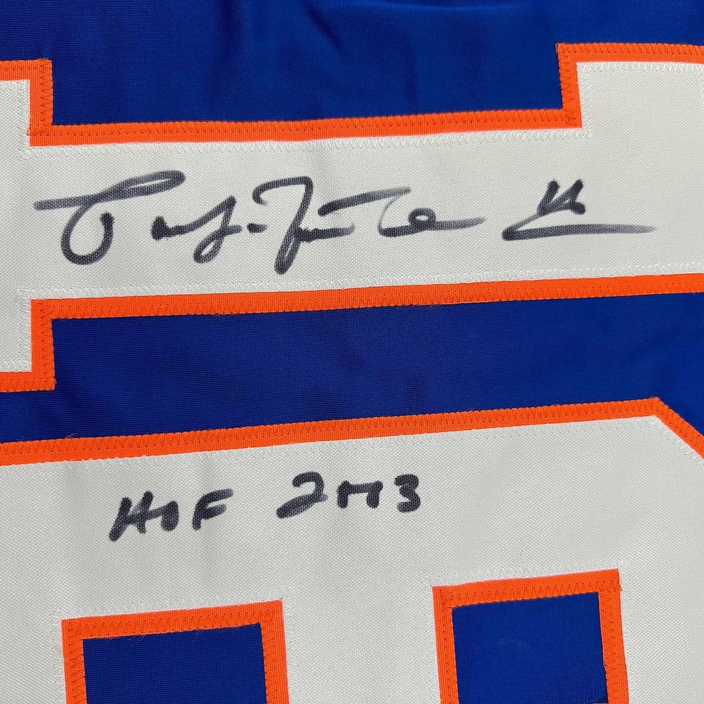 Framed Autographed/Signed Pat Lafontaine 35x39 HOF 03 New York Blue Hockey Jersey JSA COA