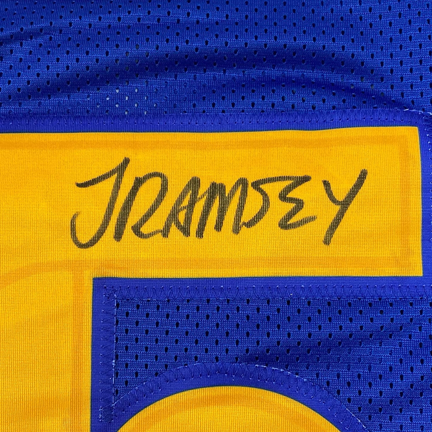 Framed Autographed/Signed Jalen Ramsey 35x39 Los Angeles LA Blue Football Jersey JSA COA