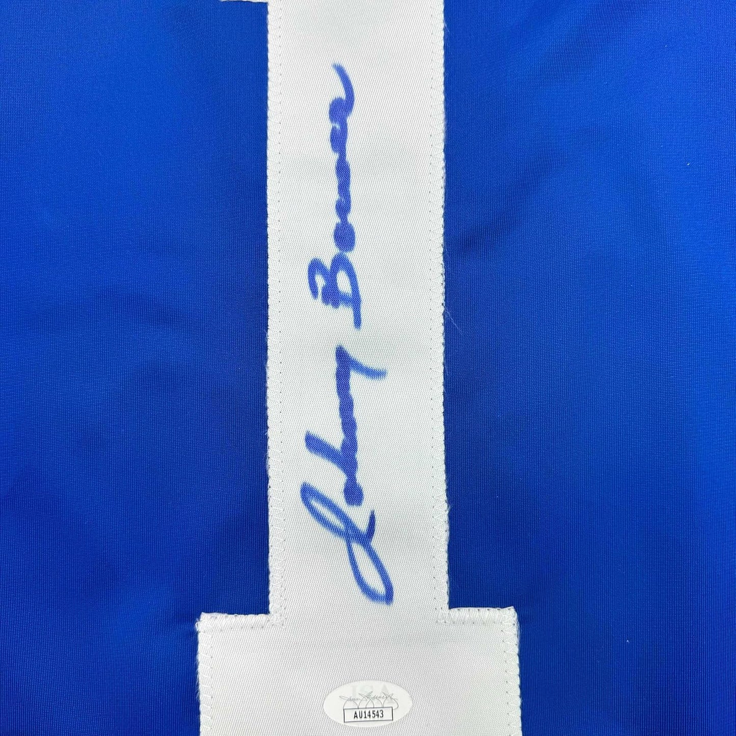 Framed Autographed/Signed Johnny Bower 35x39 Toronto Blue Hockey Jersey JSA COA