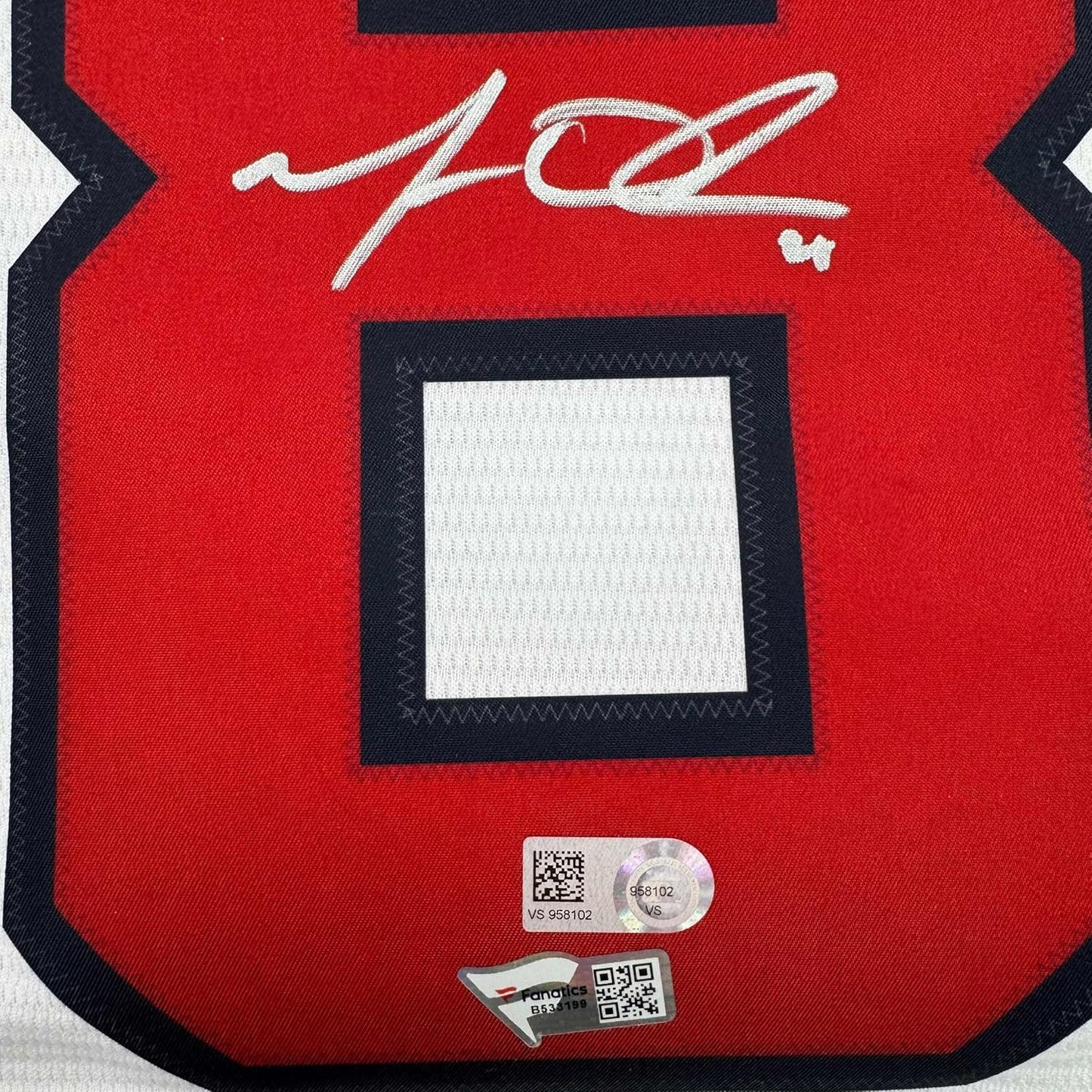 Framed Autographed/Signed Matt Olson 35x39 Atlanta Braves White Baseball Jersey Fanatics COA