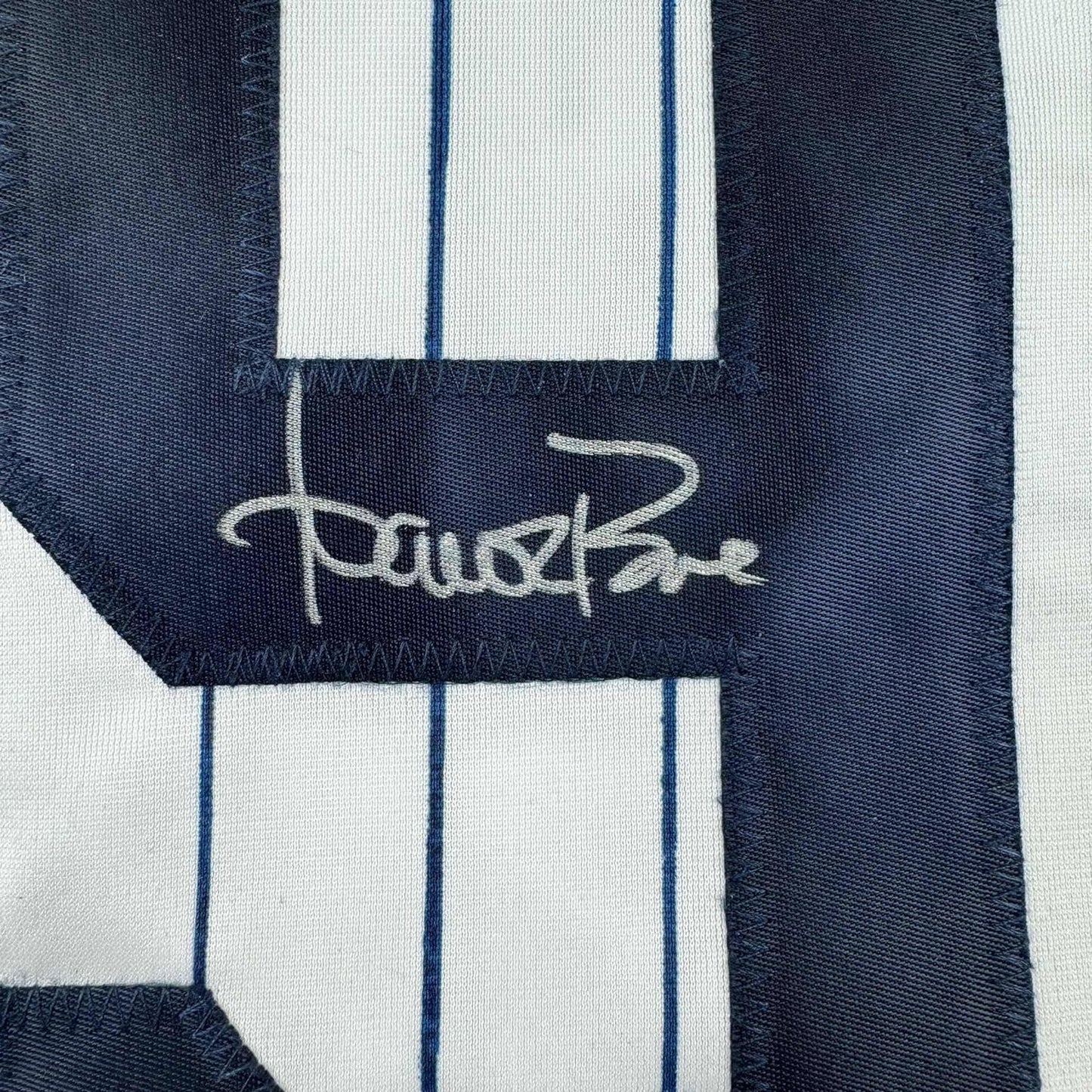 Framed Autographed/Signed Aaron Boone 35x39 New York Pinstripe Baseball Jersey Beckett BAS COA