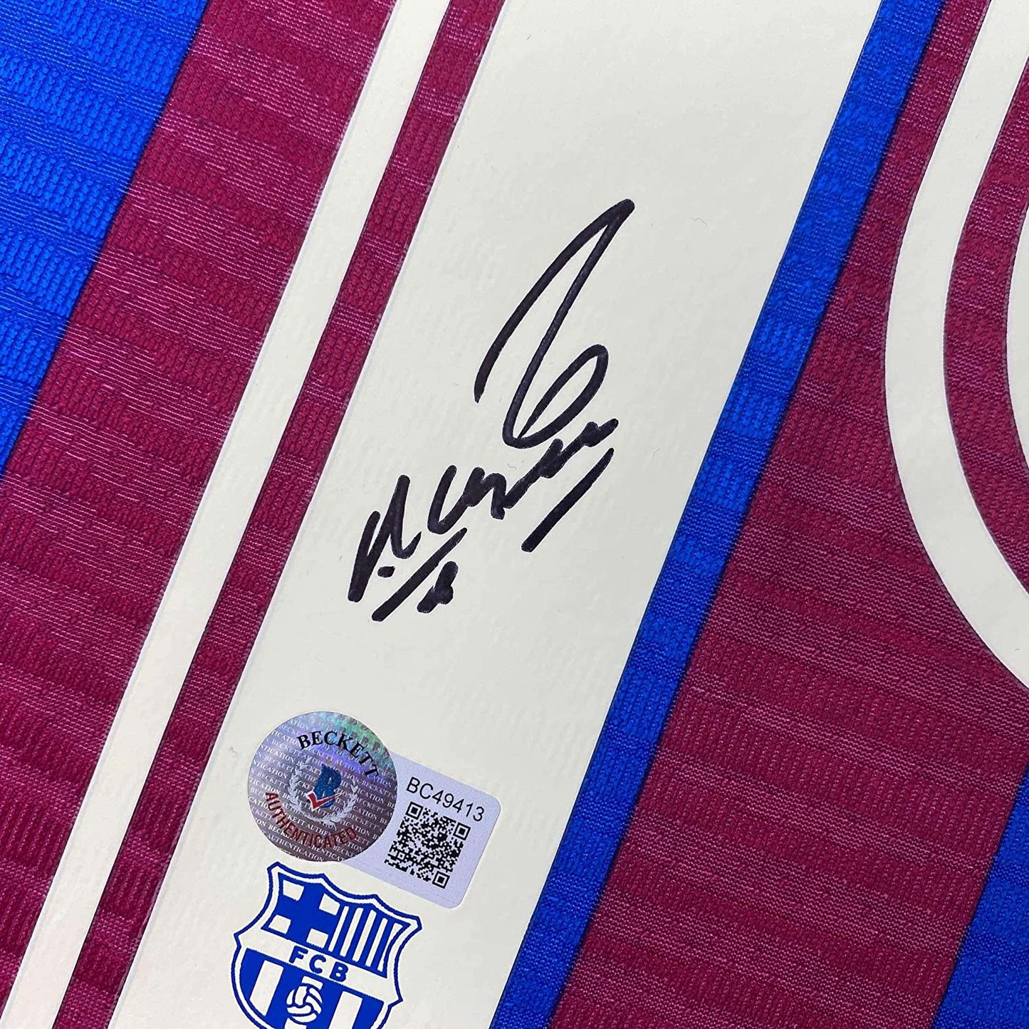 Framed Autographed/Signed Sergio Kun Aguero 35x39 FC Barcelona Red/Blue Soccer Futbol Jersey Beckett BAS COA
