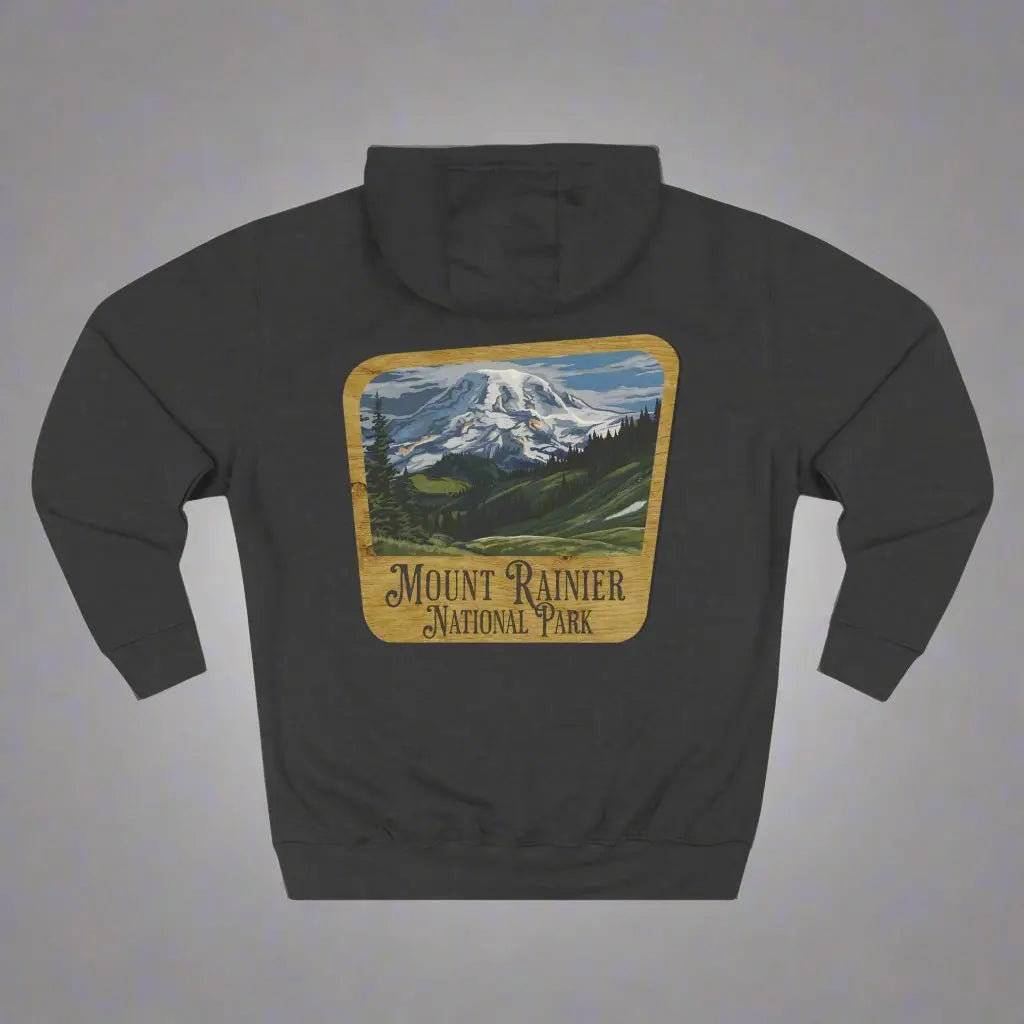 Mount Rainier National Park Fleece Hoodie Unisex Fit Scenic Wooden Mountain Sign