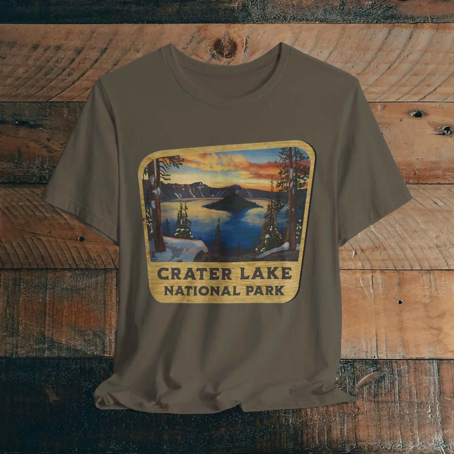 Crater Lake National Park Unisex Fit Short Sleeve T-Shirt Wood Sign