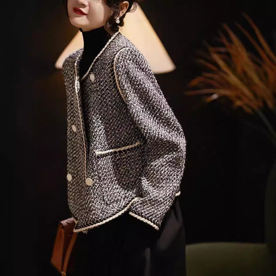 Black White Tweed Double-Breasted Cropped Blazer - Short Coat