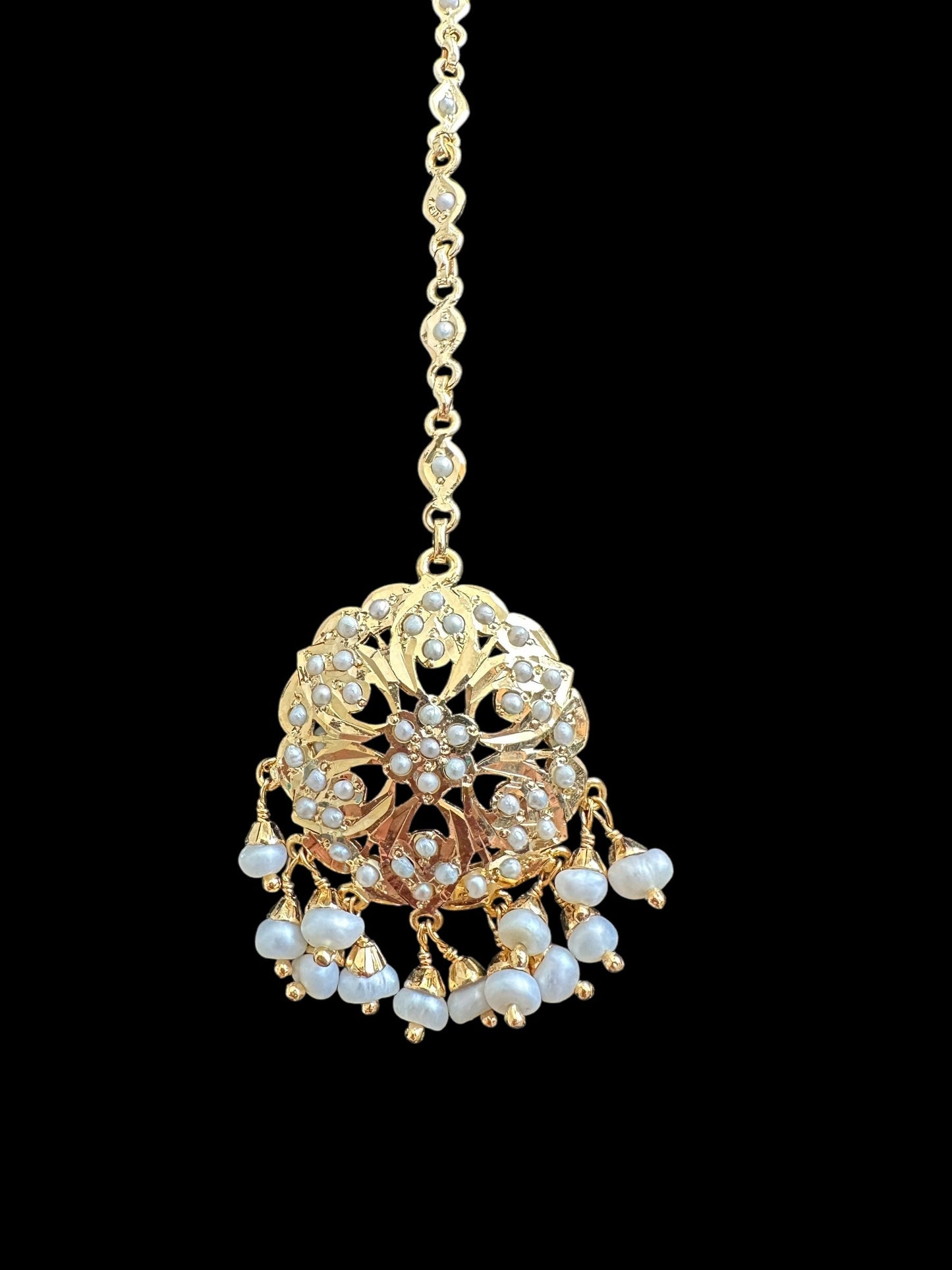 Gold plated silver tikka in fresh water pearls ( READY TO SHIP )