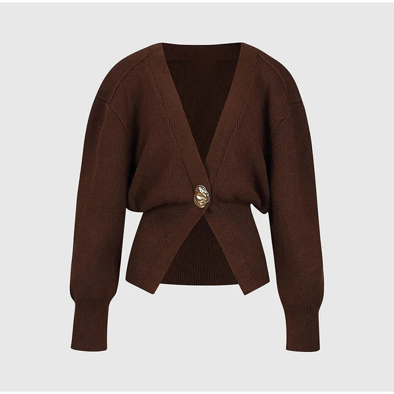 Deep V Button Cardigan - Polyester Knit Statement Sweater