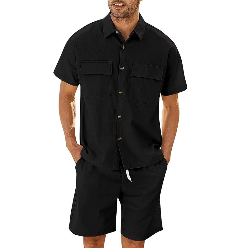 Men's Cotton Linen Two-Piece Summer Set - Short Sleeve Shirt & Shorts