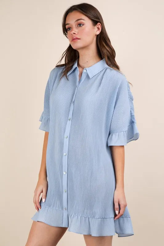 VERY J Pleated Detail Button Down Mini Dress
