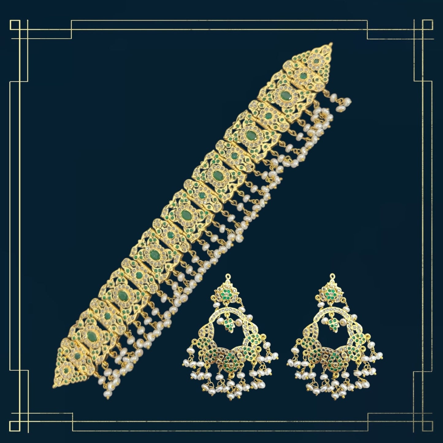 C544 Nishat fresh water pearl choker with earrings - Green ( READY TO SHIP )