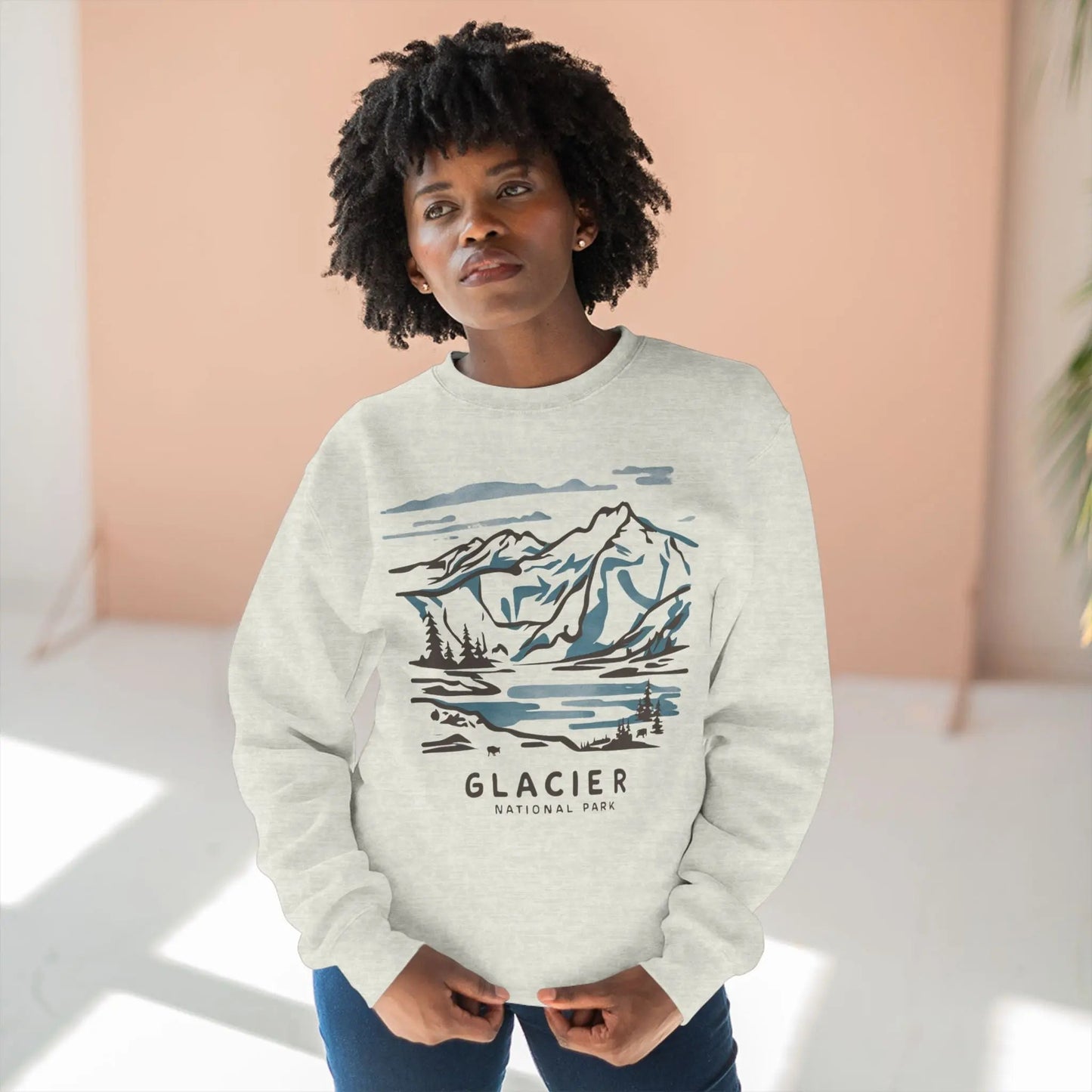 Glacier National Park Unisex Fit Crewneck Sweatshirt Water Color Line Art