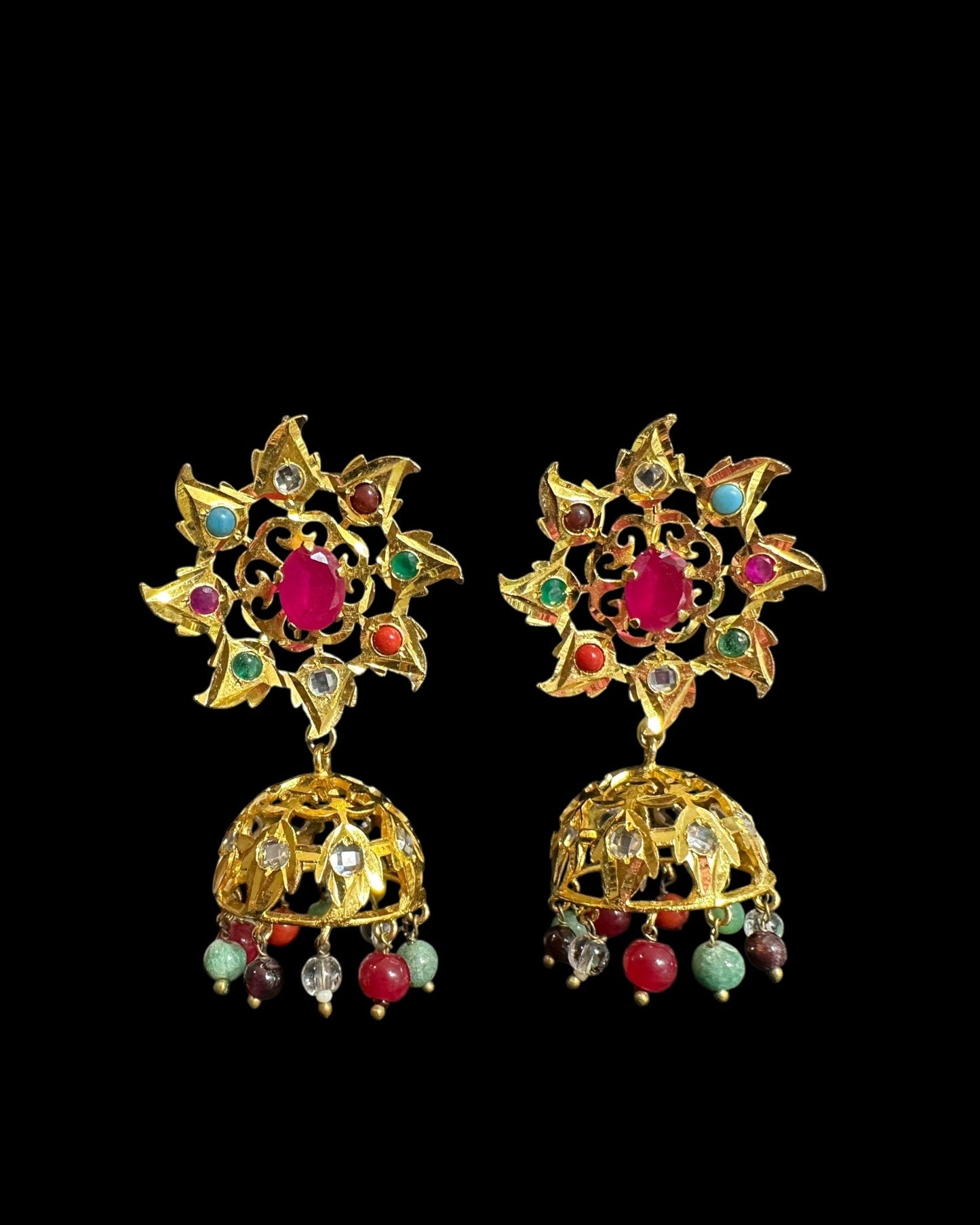 DER760 navratan gold plated Karanphool jhumka ( pearls ) ( READY TO SHIP )
