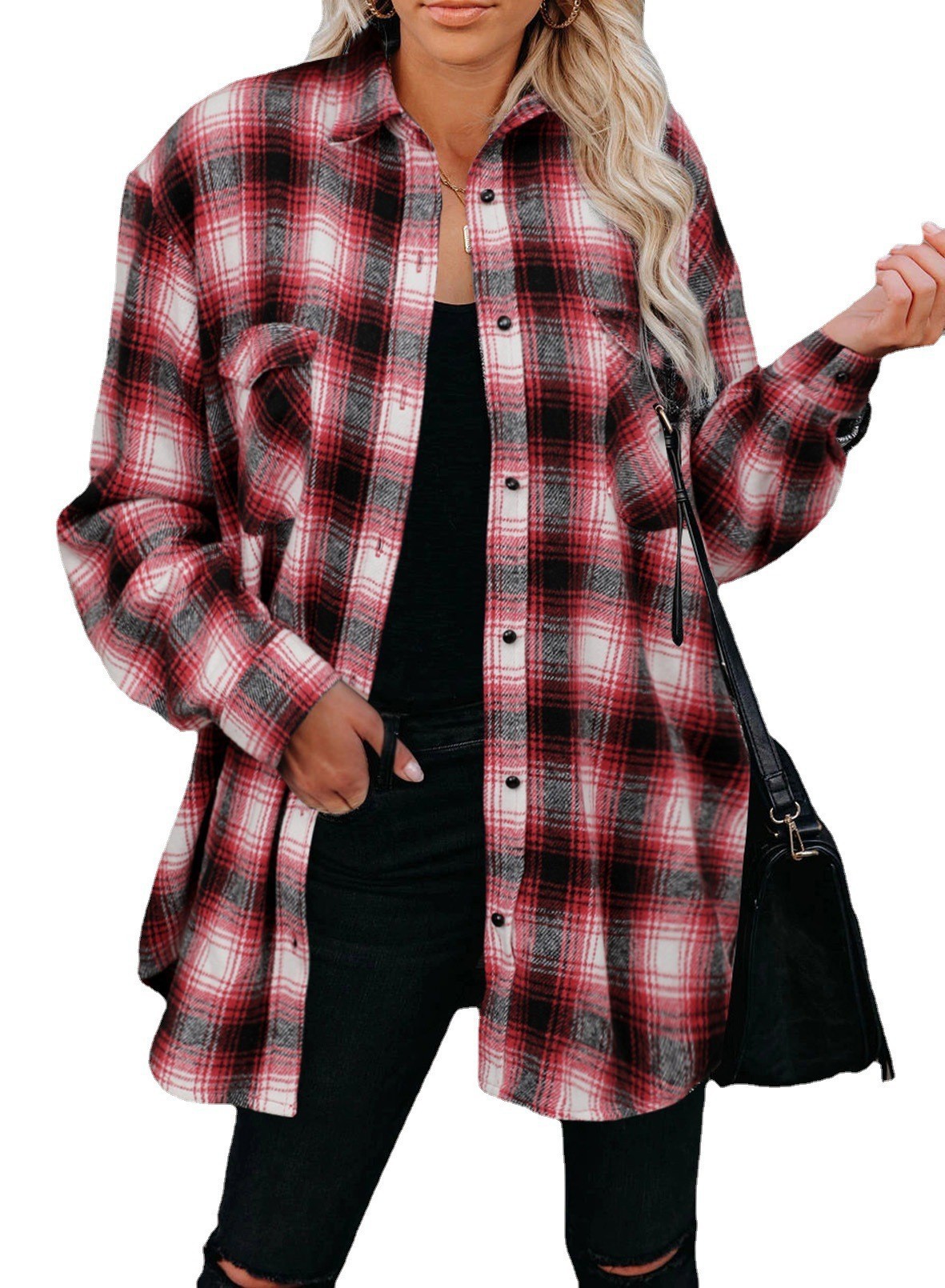 Oversized Plaid Shirt Jacket - Mid-Length Button Up Polyester Blend