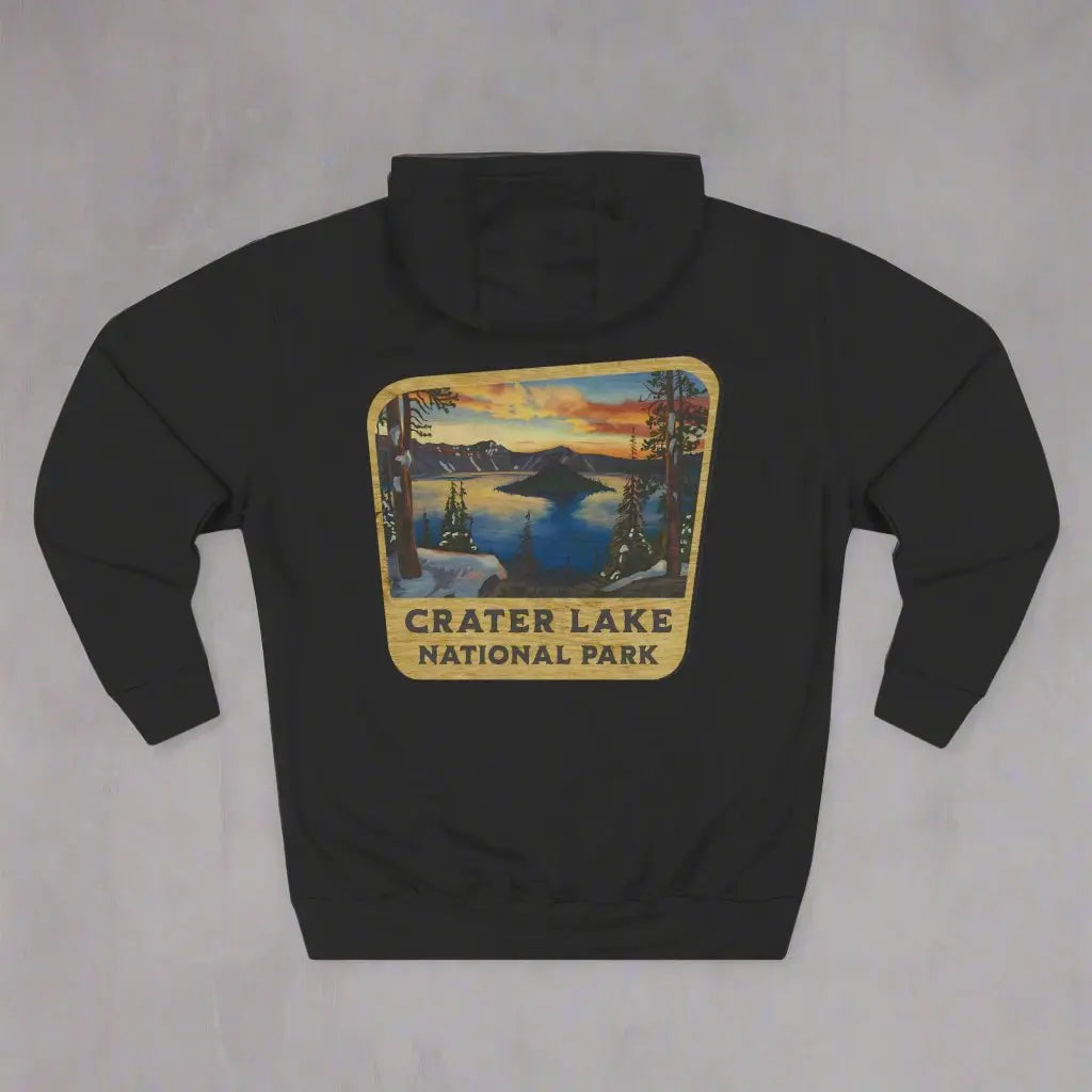 Crater Lake National Park Unisex Fit Fleece Hoodie Scenic View Graphic Wooden Mountain Sign
