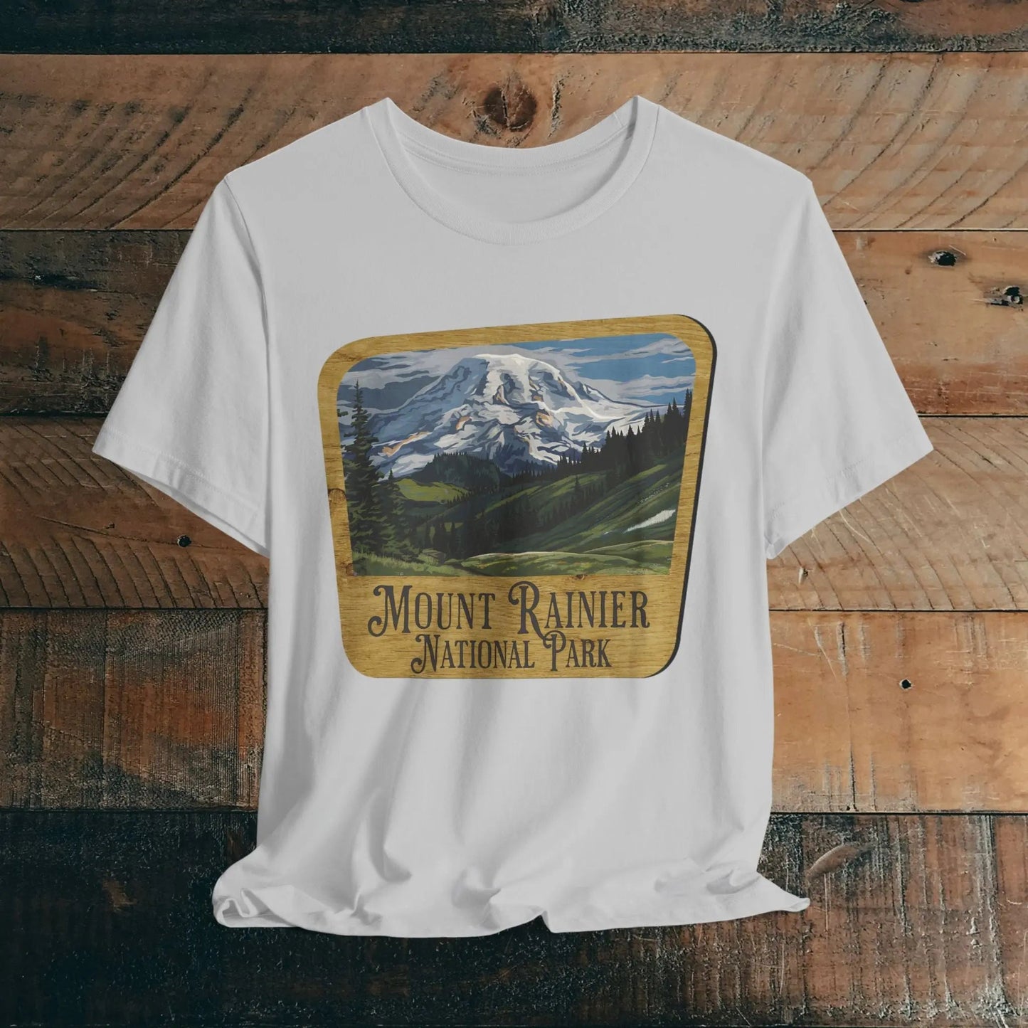 Mount Rainier National Park Unisex Fit Short Sleeve T-Shirt Wood Sign