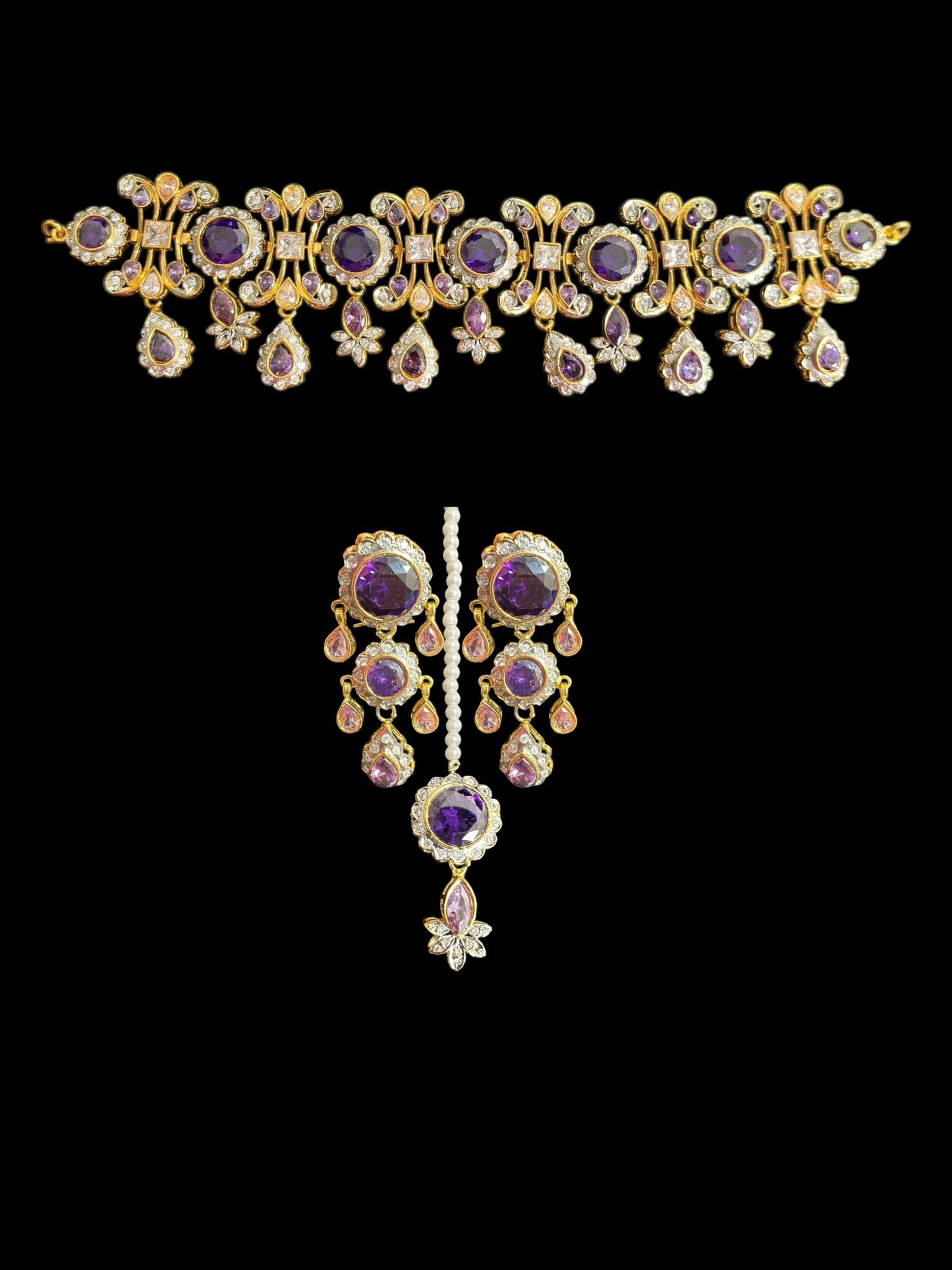 BR473 High quality cz necklace set with tika - purple, Gold plated ( READY TO SHIP )