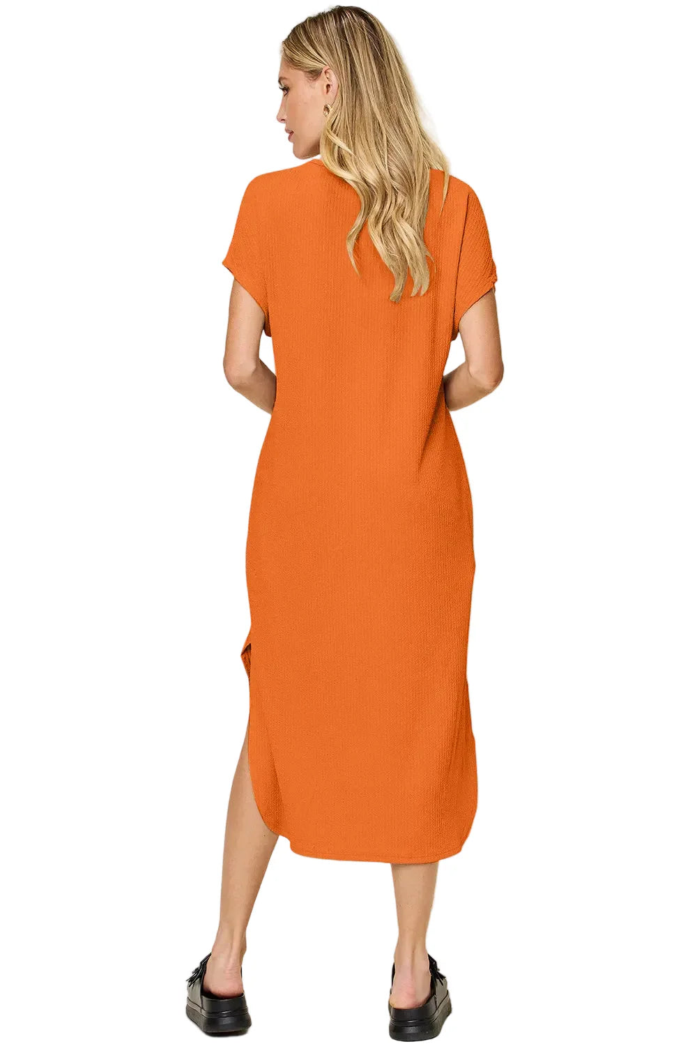 Garden Naked Women's Casual Dress Loose-Fit Round Neck Short Sleeve Slit Solid Color Midi Dress Blue Textured