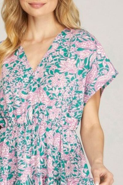 She Sky Full Size Ruffled Hem Printed Surplice Kimono Sleeve Mini Dress Plus Size