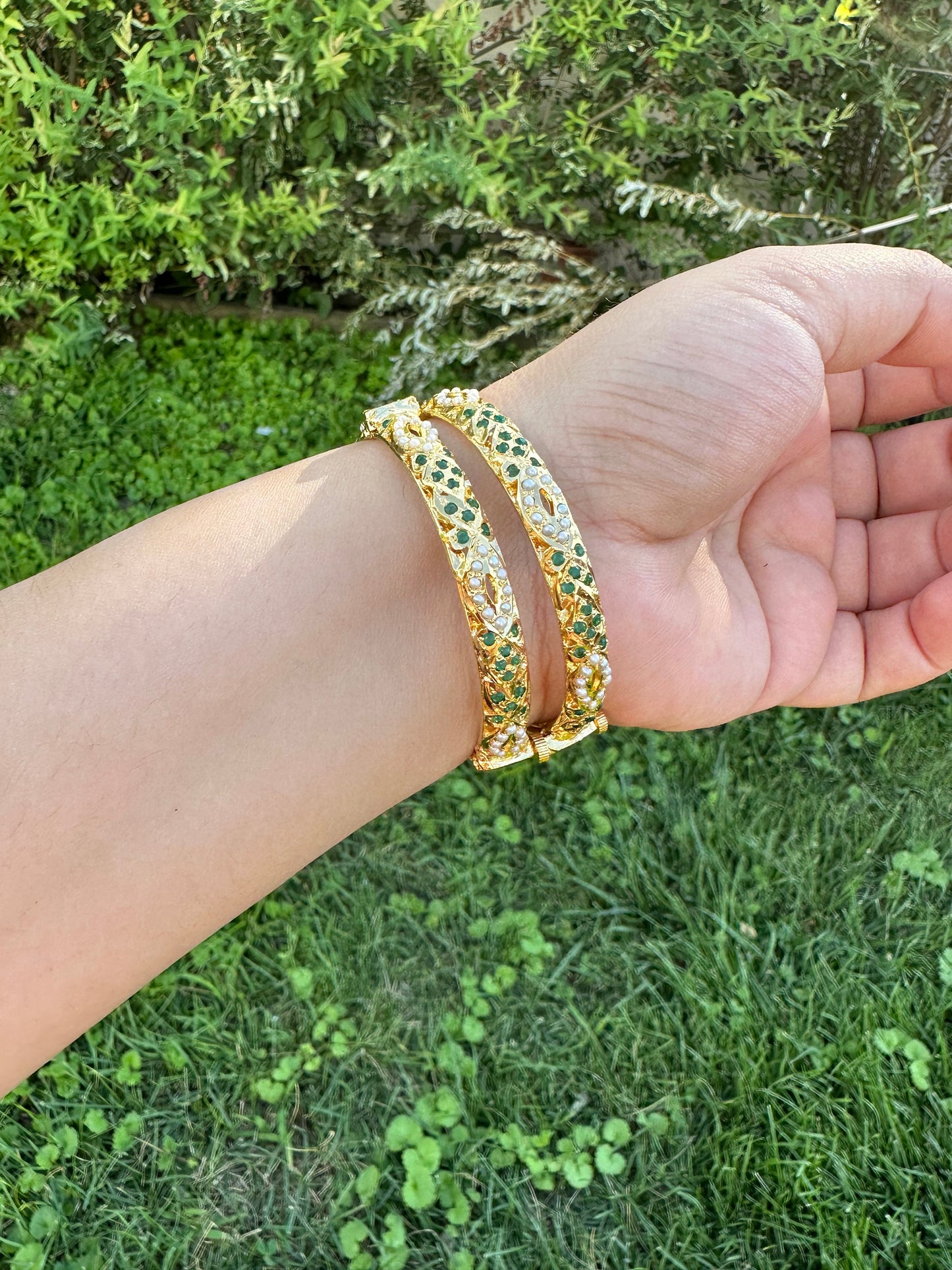 Emeralds pearl Jadau gold plated silver bangles ( READY TO SHIP )