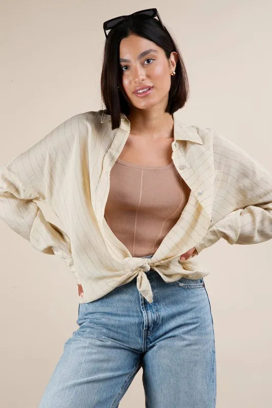 VERY J Oversized Striped Button Down Shirt Top