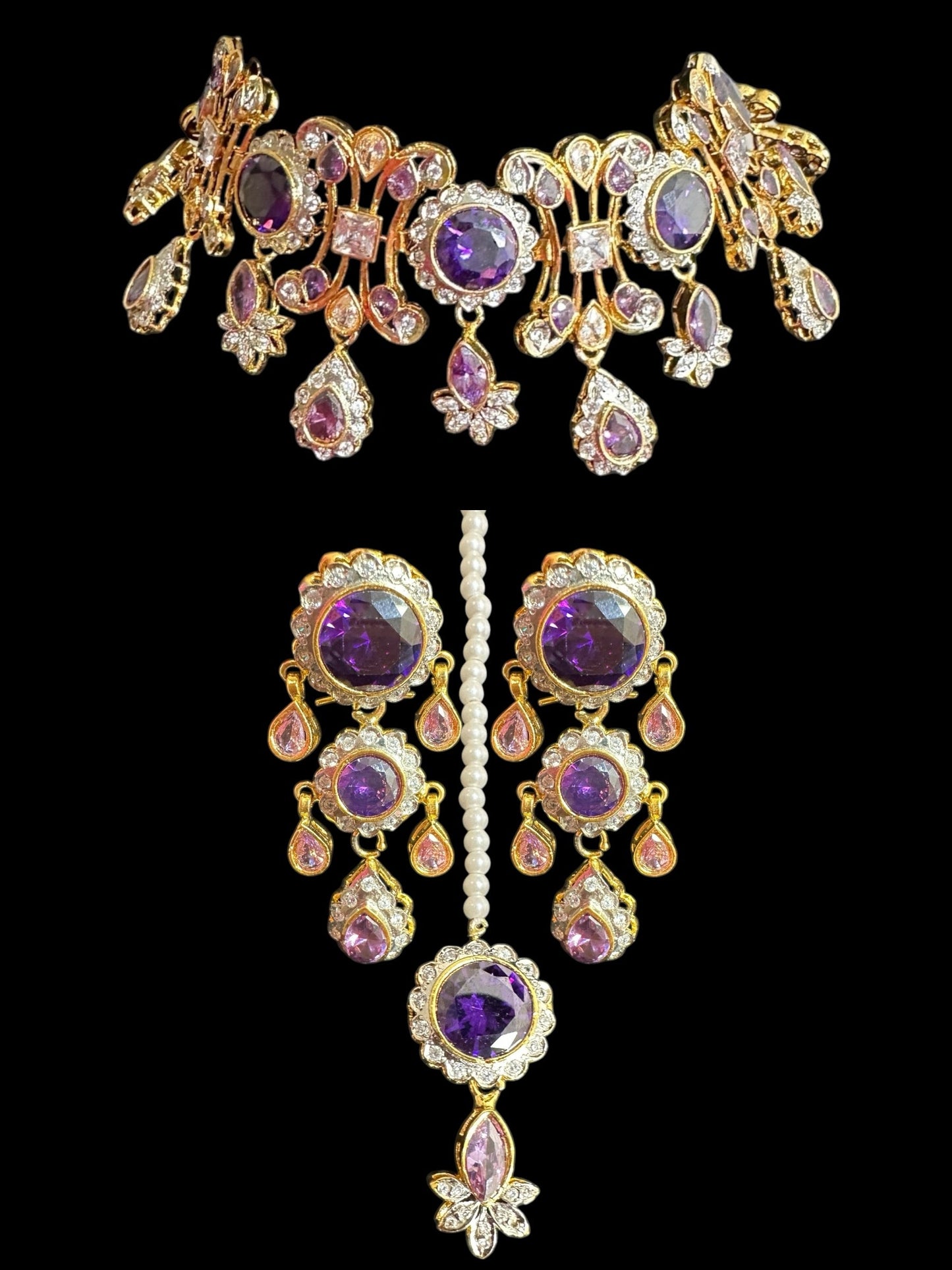 BR473 High quality cz necklace set with tika - purple, Gold plated ( READY TO SHIP )