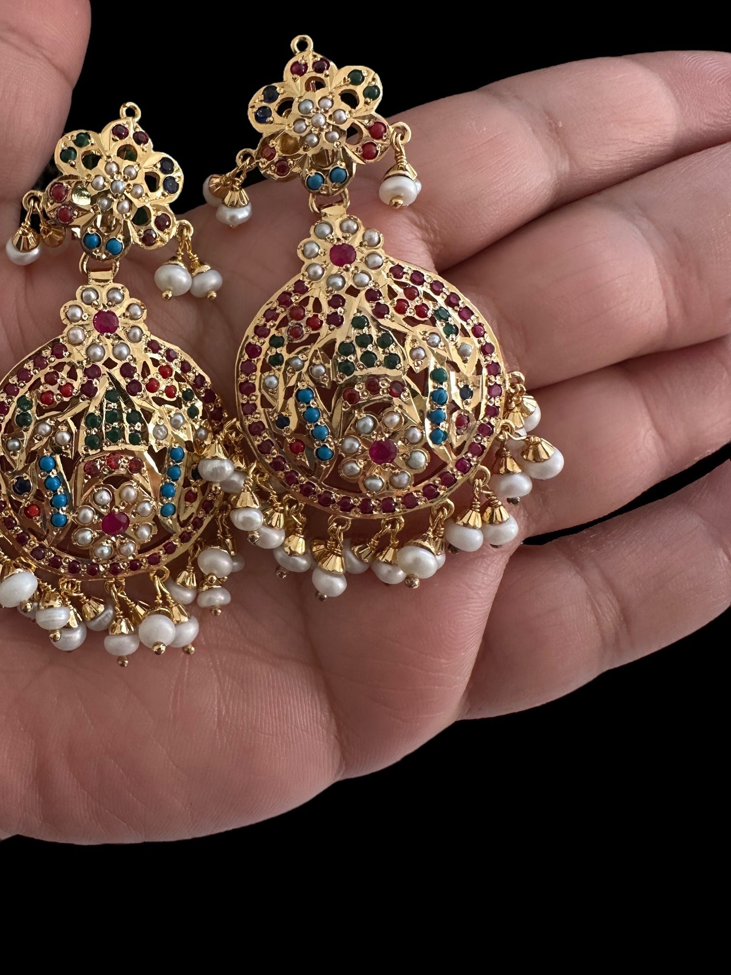 Navratan chandbali earrings in gold plated silver ( READY TO SHIP )