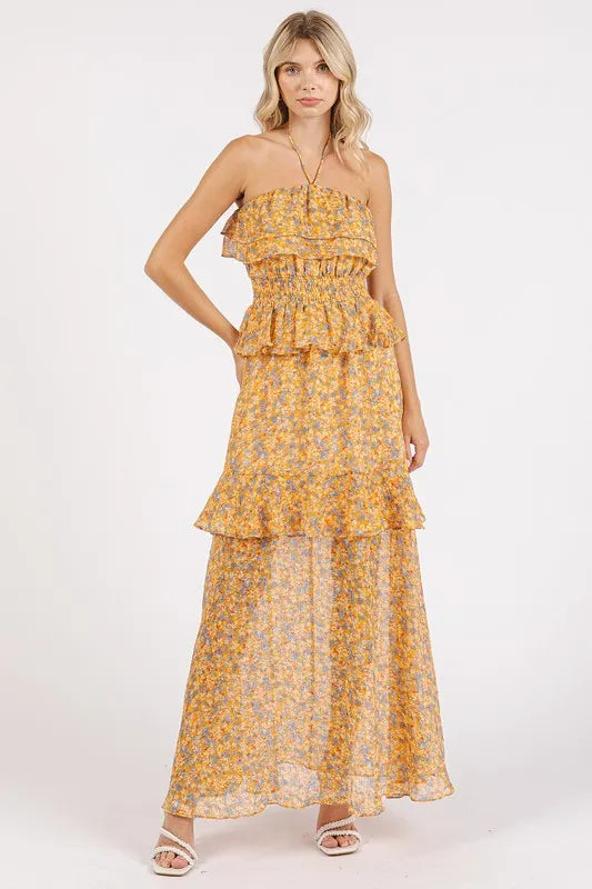 Mittoshop Ruffled Smocked Floral Halter Neck Maxi Dress